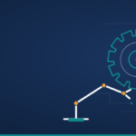 Flat-vector banner in deep navy with teal and white engineering gears meshing with a robotic arm on amber pivot joints, symbolising GATE 2027's new Robotics and Automation paper, with clear space on the left for a title.