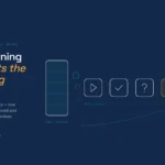 Illustration of a long training course splitting into small bite-sized microlearning tiles above a rising retention curve, in navy and teal with an amber accent.