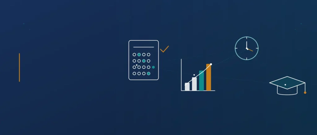 Flat-vector banner for the CAT exam 2026 guide, showing an answer sheet, a percentile bar chart, a clock, and a graduation cap in navy, teal, and amber.