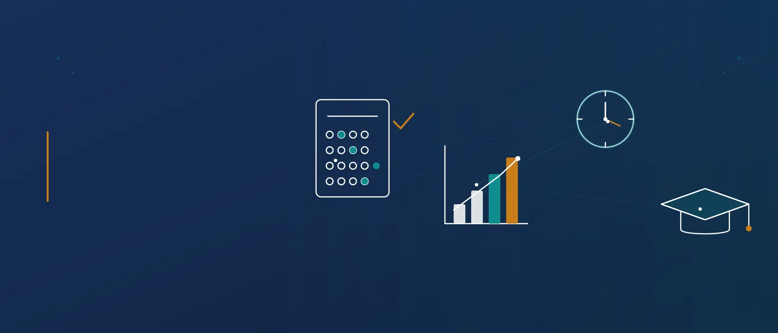 Flat-vector banner for the CAT exam 2026 guide, showing an answer sheet, a percentile bar chart, a clock, and a graduation cap in navy, teal, and amber.