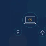 eLearning development process illustration showing course design, build, and measurement icons in navy, teal, and amber.
