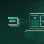 Flat-vector illustration in navy and teal showing slides transforming into interactive eLearning modules on a laptop and phone, representing rapid learning course development.