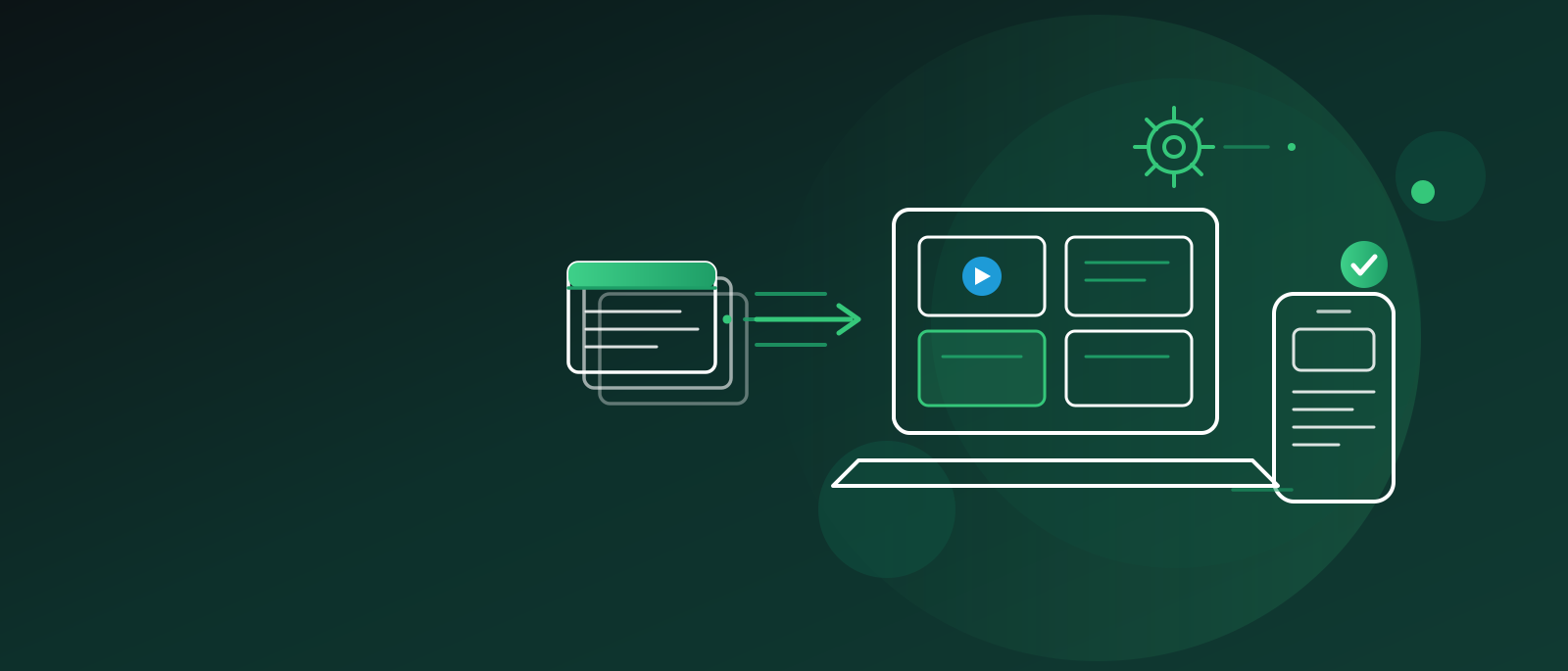 Flat-vector illustration in navy and teal showing slides transforming into interactive eLearning modules on a laptop and phone, representing rapid learning course development.