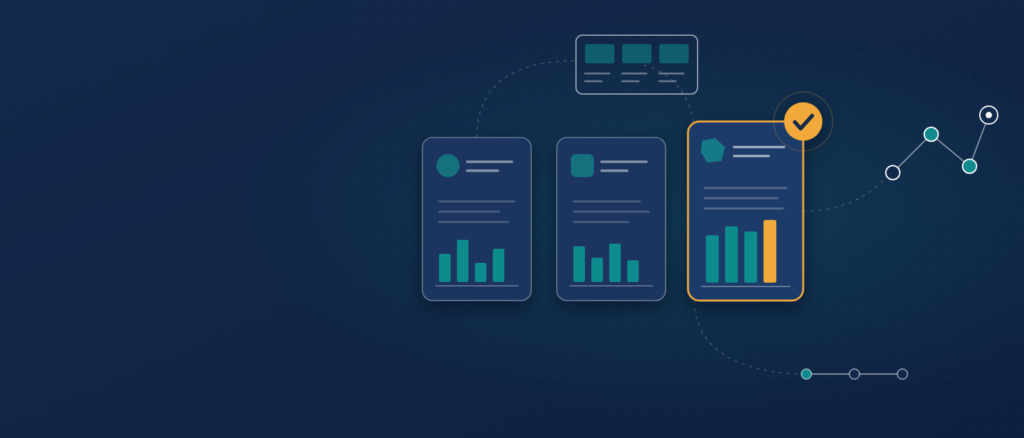 Illustration of three instructional design company options being scored, with one highlighted as the best fit