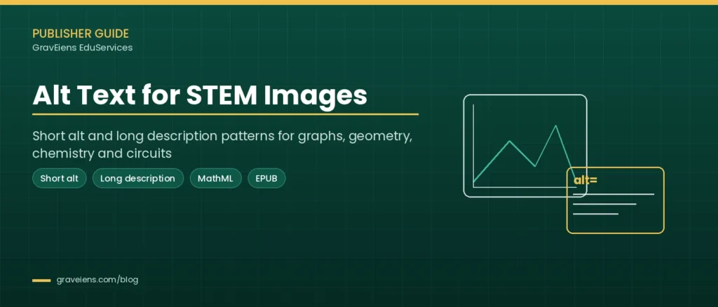 Alt Text for STEM Images guide cover showing a line graph next to an alt text box, with tags for short alt, long description, MathML and EPUB