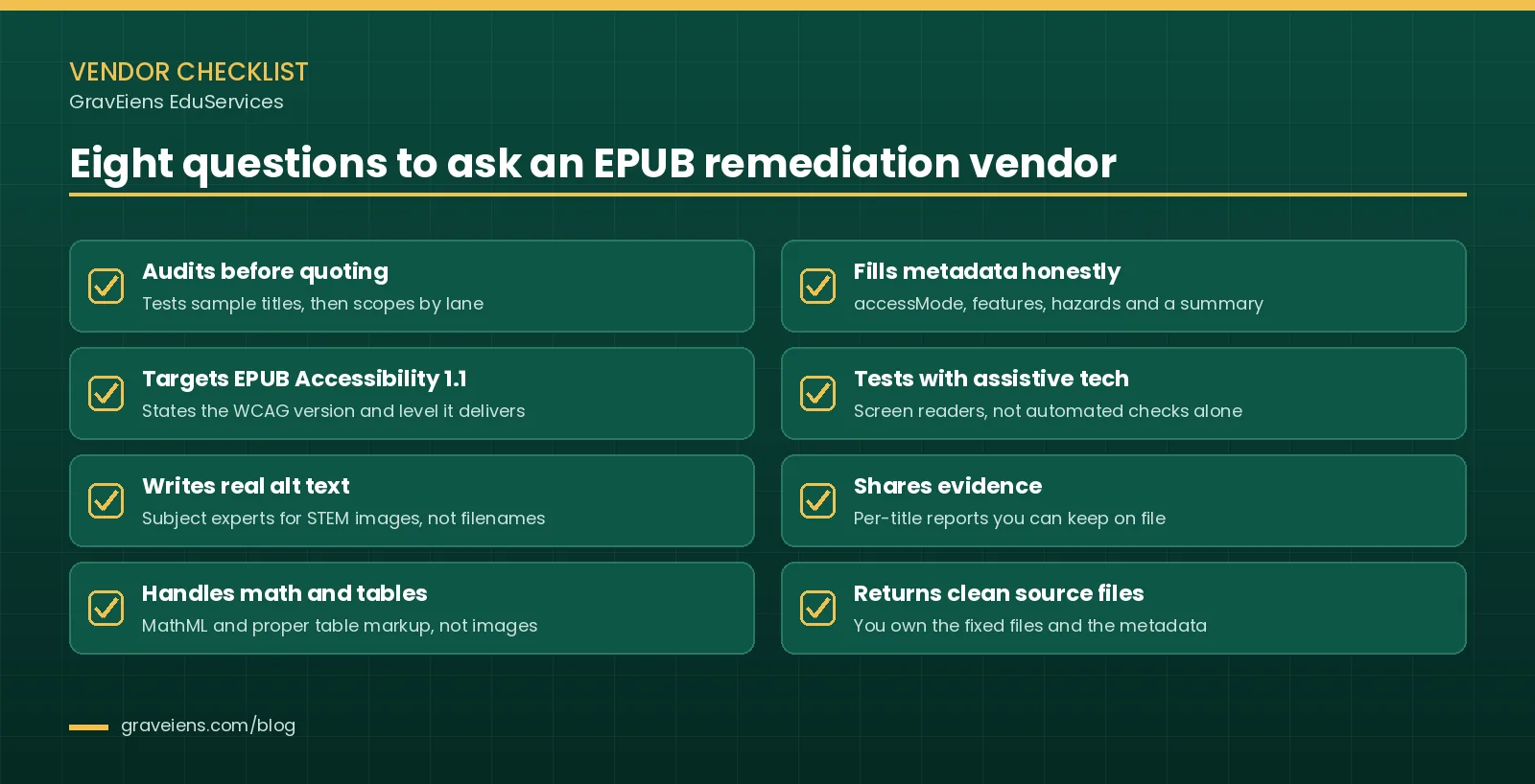 Vendor checklist for EAA ebook remediation: audits before quoting, targets EPUB Accessibility 1.1, writes real alt text, handles math and tables, fills metadata honestly, tests with assistive tech, shares evidence, returns clean source files