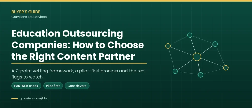 Buyer's guide graphic for choosing education outsourcing companies, showing a network of connected content partners