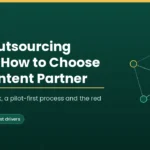 Buyer's guide graphic for choosing education outsourcing companies, showing a network of connected content partners